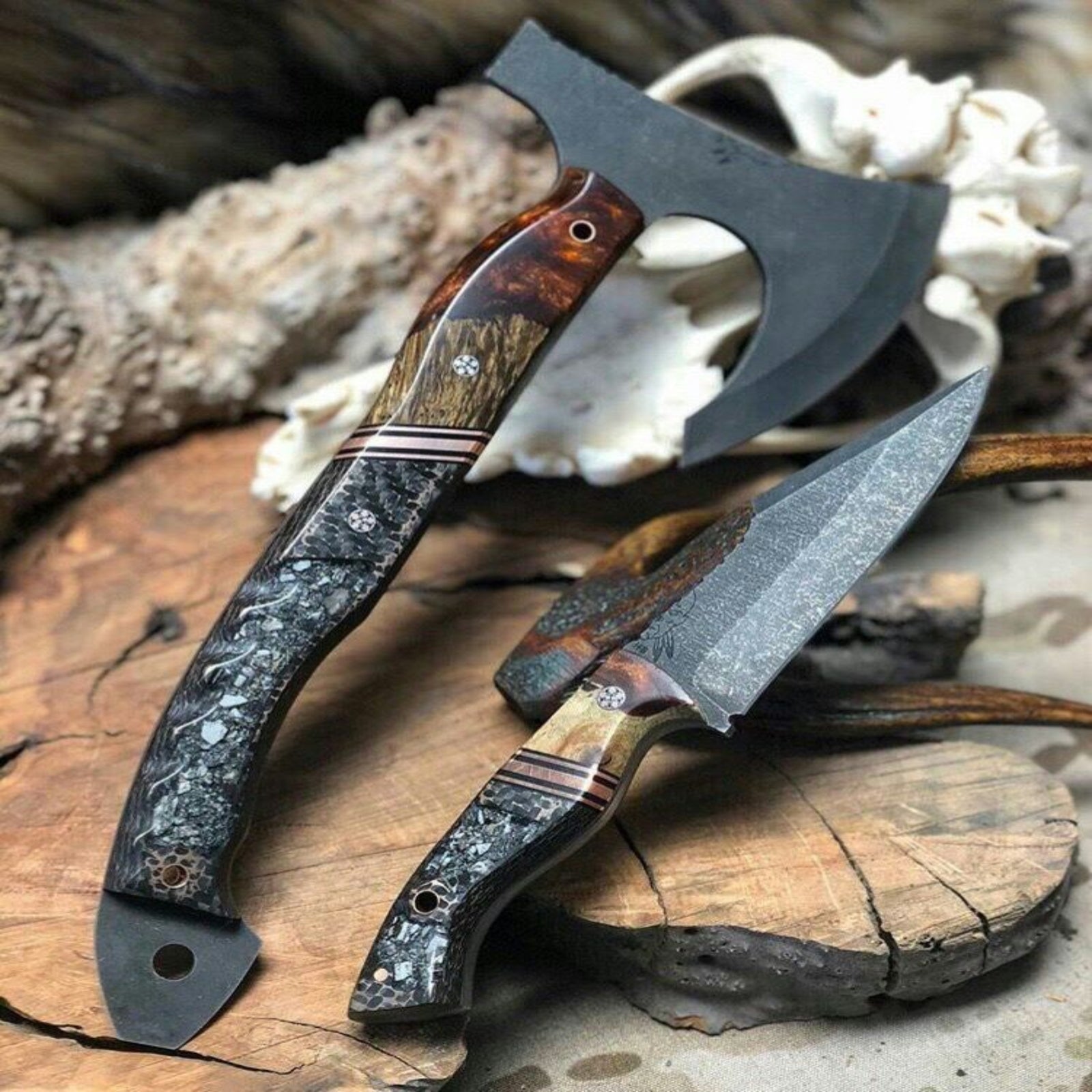 Premium Handmade Bowie Knife &amp; Tactical Hunting Axe Combo