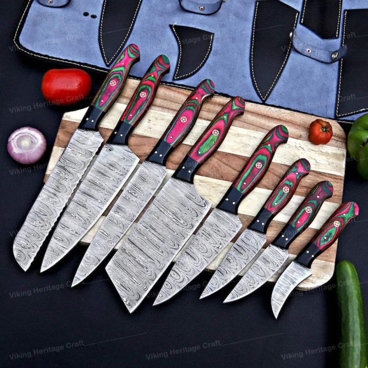 handmade Damascus kitchen knife set