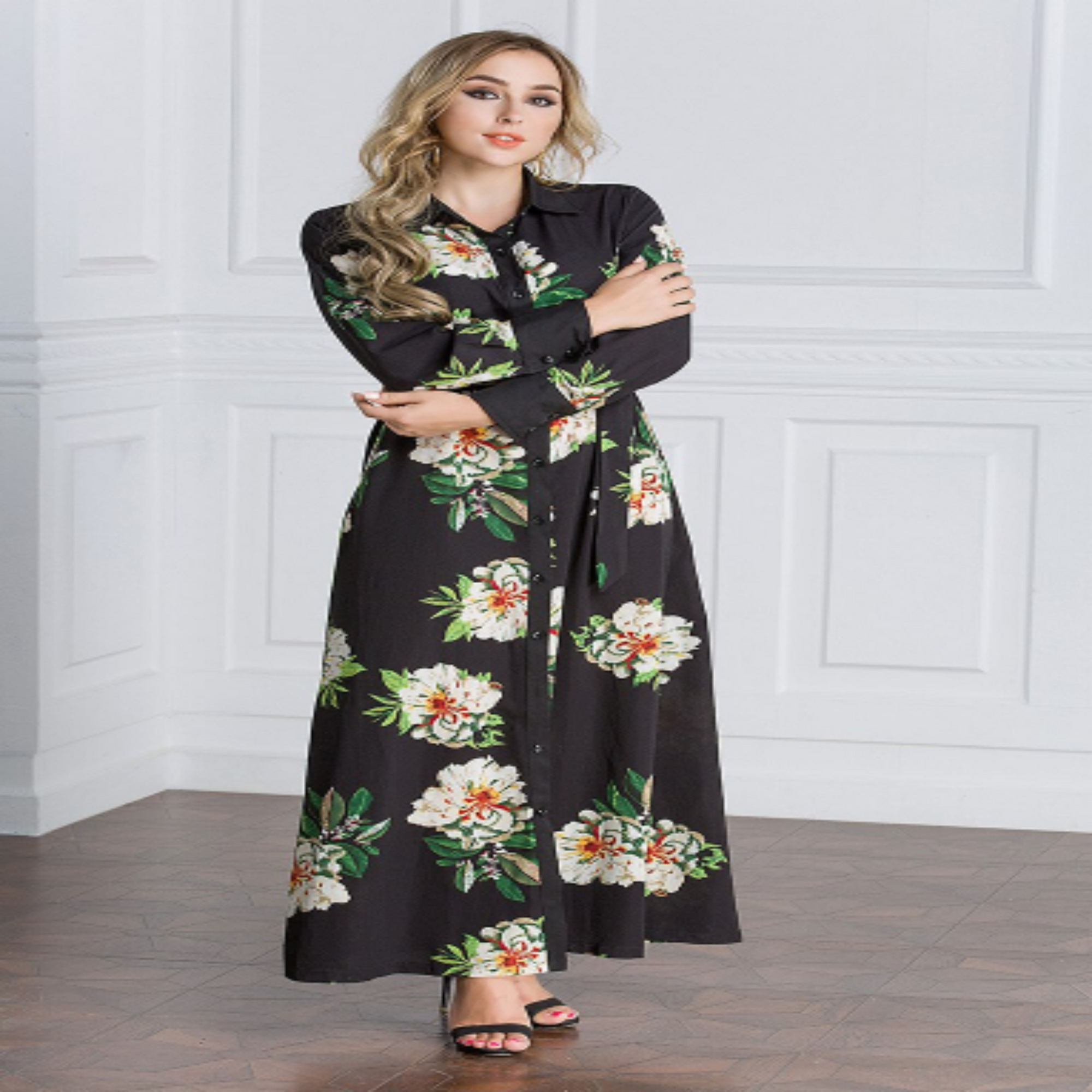 Long-Sleeve Black Floral Dress